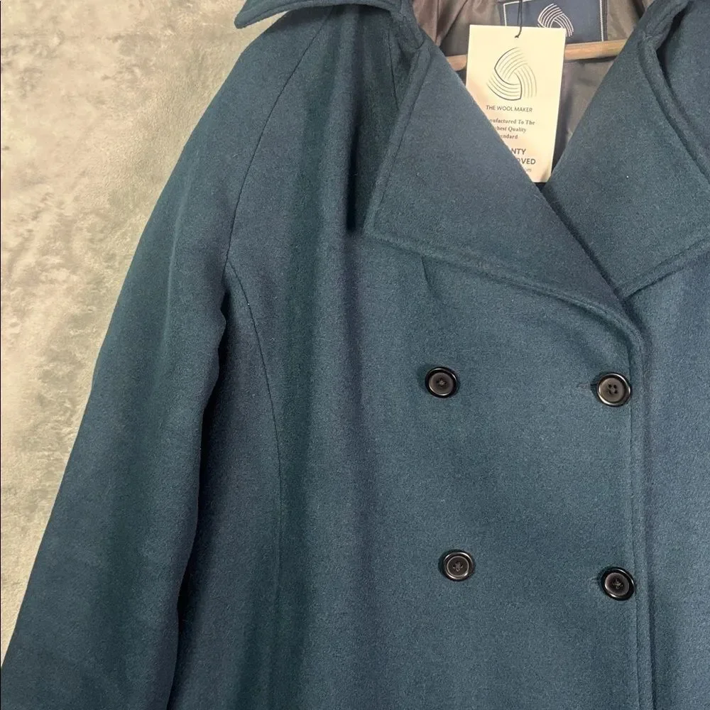 NWT New The Wool Maker Dark Teal Heavy Wool Blend Woman Jacket Pea Coat Size 2XL